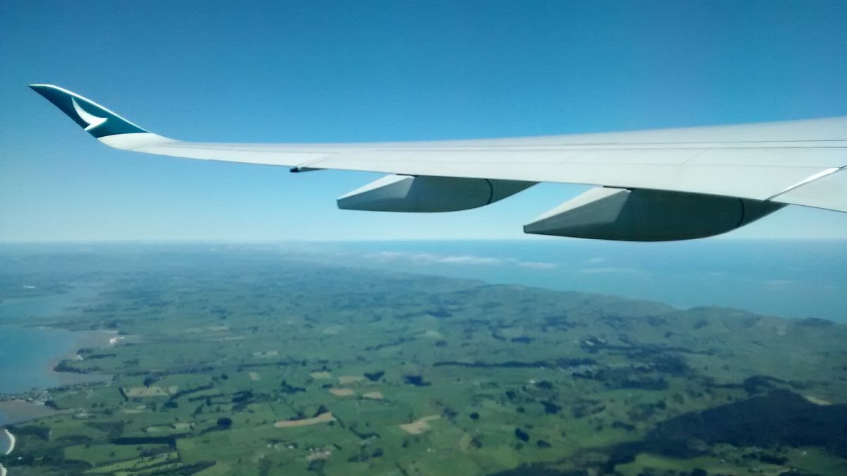 Tragfläche eines Flugzeugs über grünem Land.
