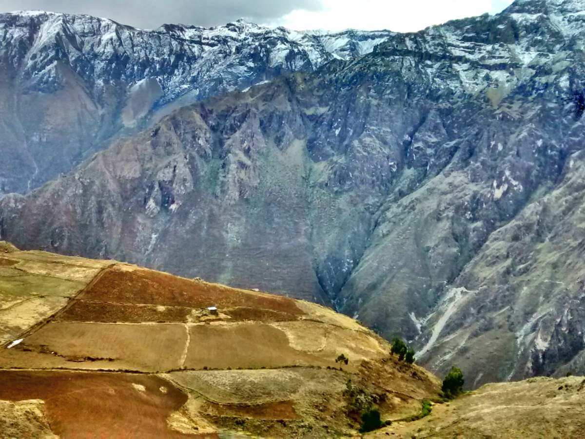 Plateau mit Feldern, dahinter steile Felswände des Colca Canyon.