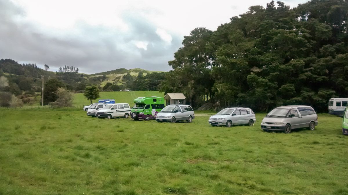 Viele Fahrzeuge stehen auf einer Wiese.