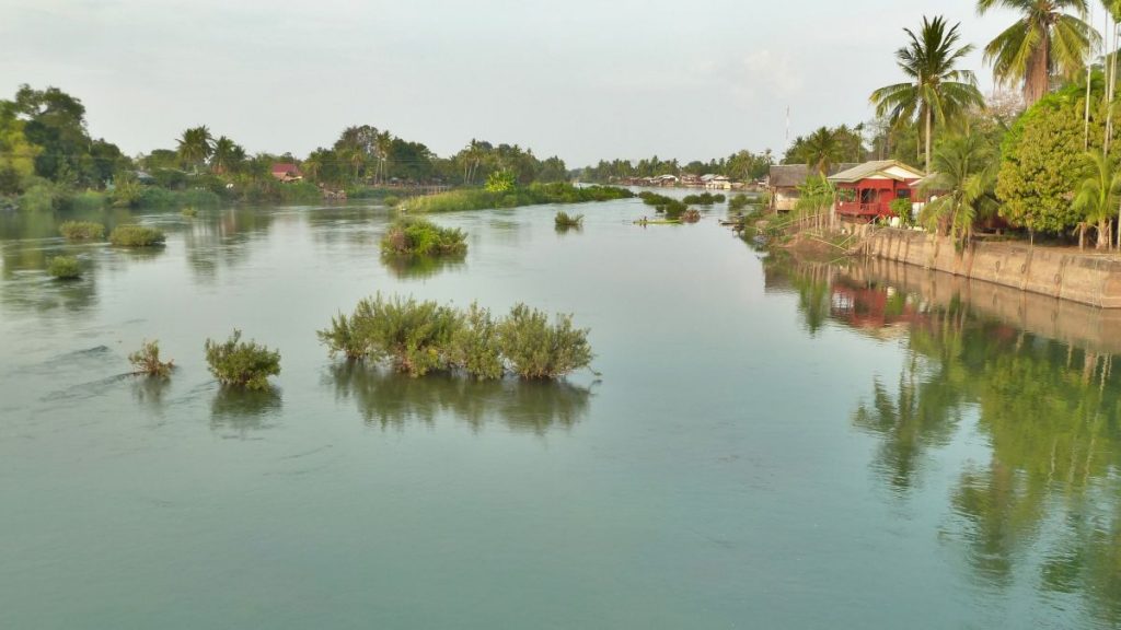 Blick über den Mekong mit Büschen und Inselchen im Wasser