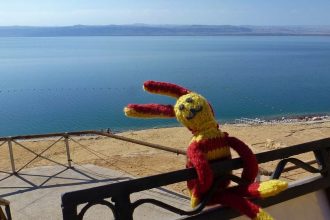 Blick auf das Tote Meer mit Reise-Ringel im Vordergrund