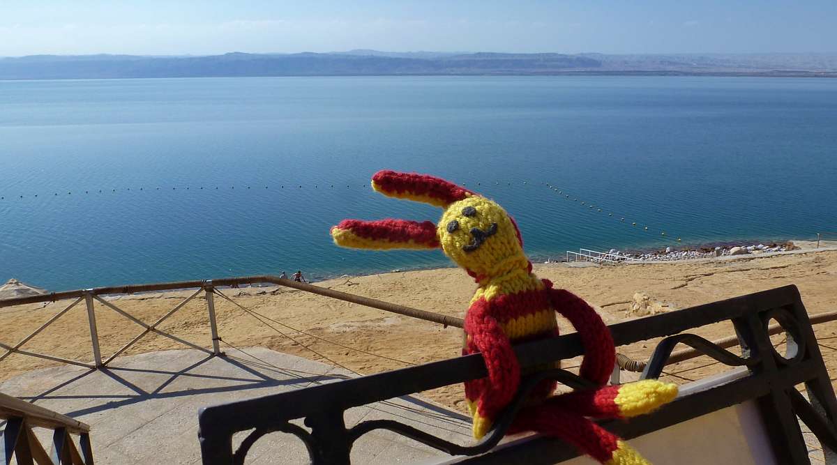 Blick auf das Tote Meer mit Reise-Ringel im Vordergrund