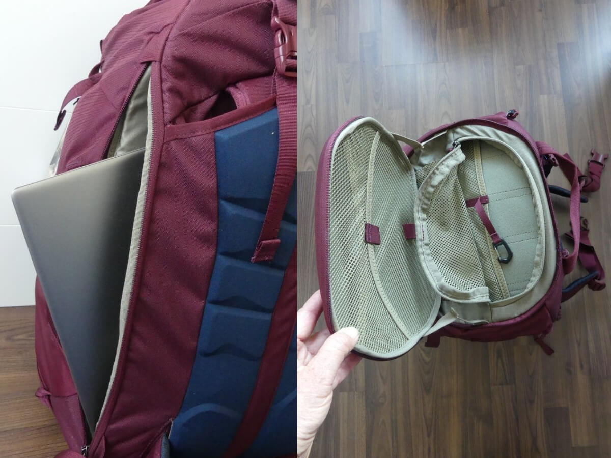 Laptop ragt aus Fach, daneben Blick in geöffnetes Deckelfach vom Thule Handgepäck-Rucksack.