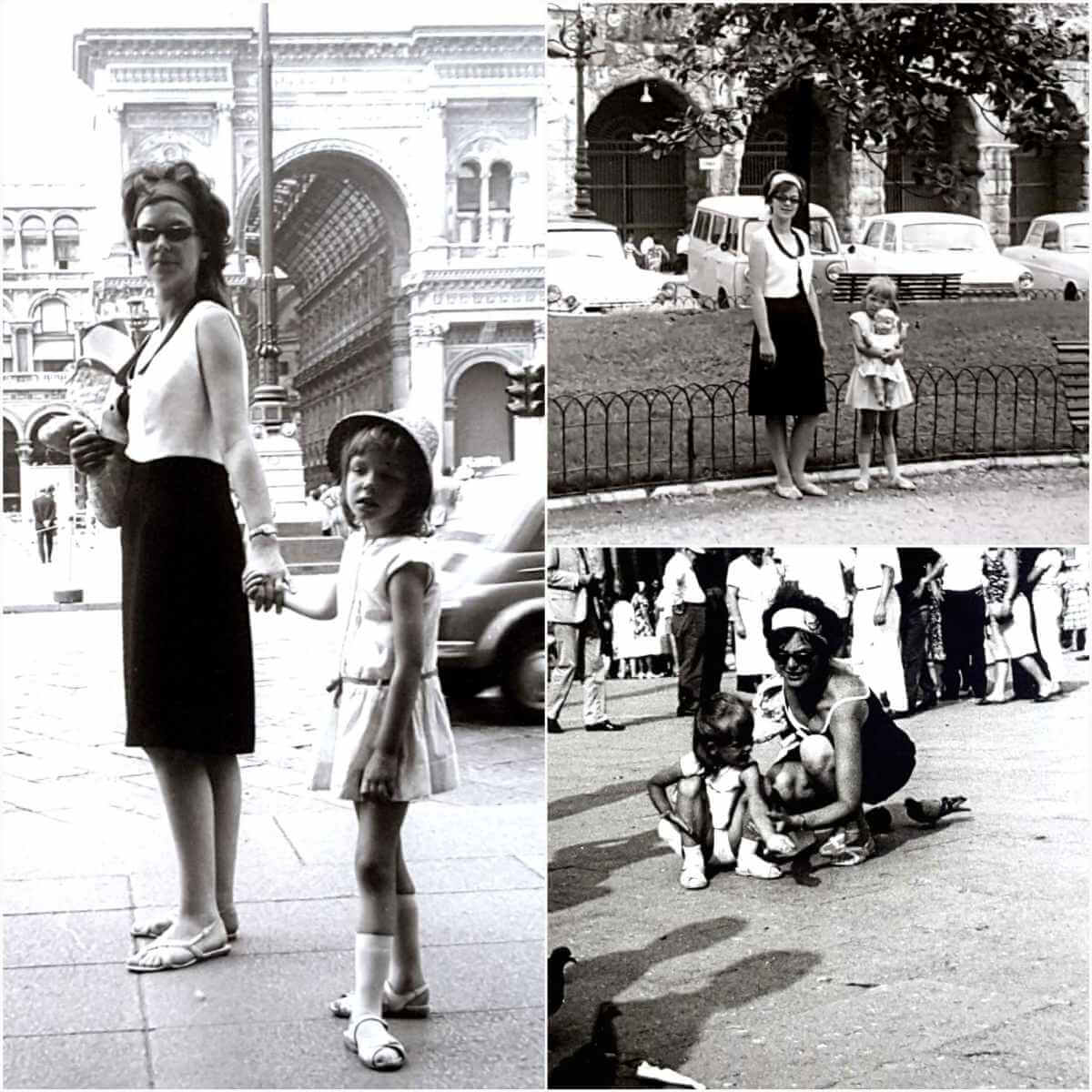 Collage drei Bilder: Mutter und Tochter in Schwarzweiß in verschiedenen Städten.