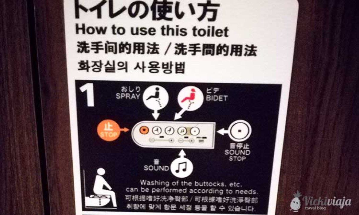 Schild mit japanischer Schrift und Icons zur Toilettenbenutzung.