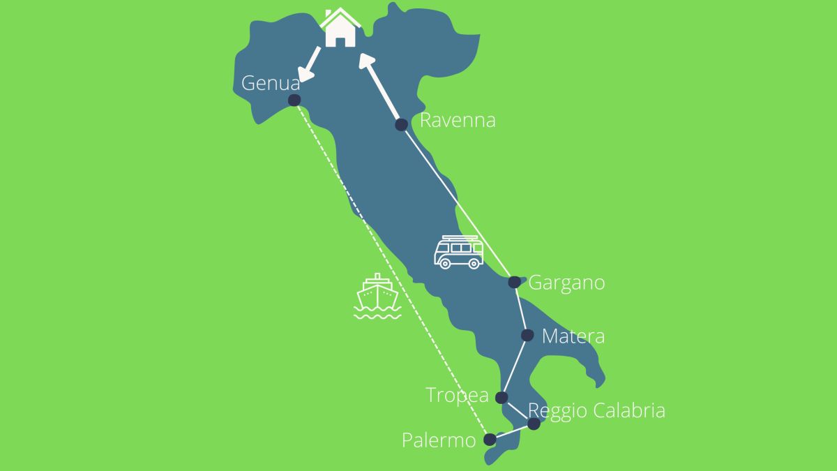 Karte von Italien mit der markierten Route der Wohnmobiltour.