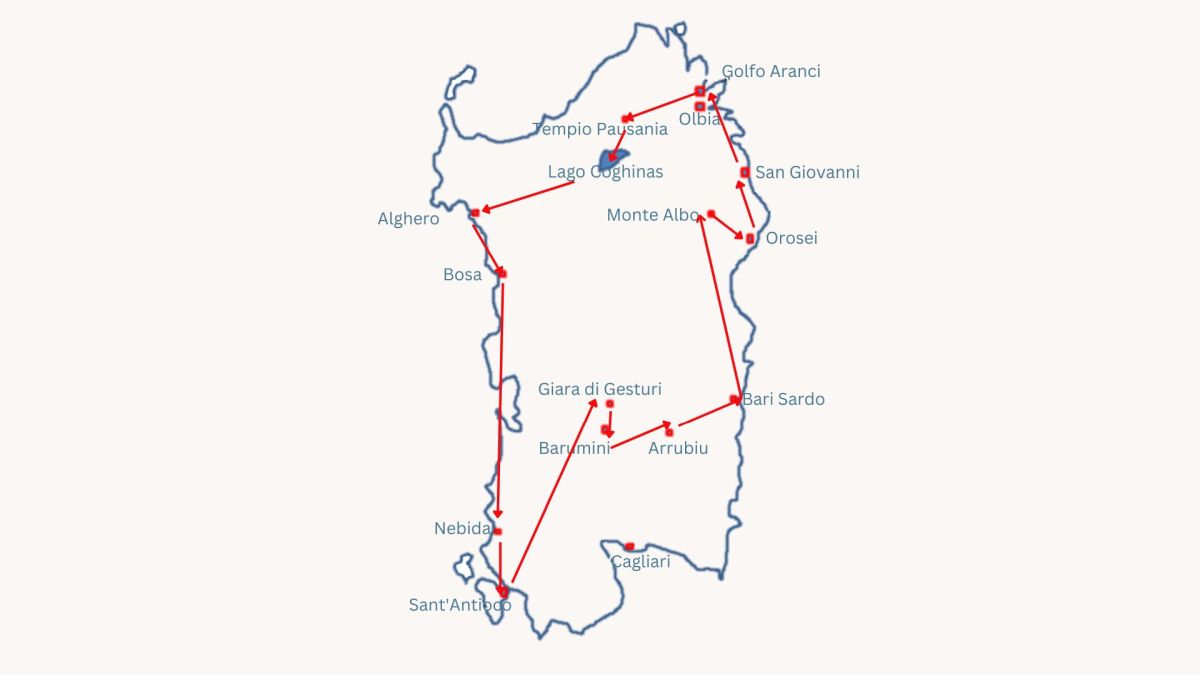 Karte von Sardinien mit der Route der Wohnmobil-Reise.