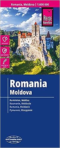 Ein detaillierter Kartenumschlag von Rumänien und Moldawien mit Schloss Bran sowie Text und Symbolen, die die Kartenmerkmale in verschiedenen Sprachen anzeigen.