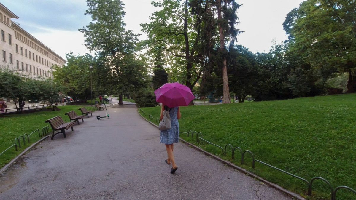 Gina geht unterm Regenschirm im Park spazieren.