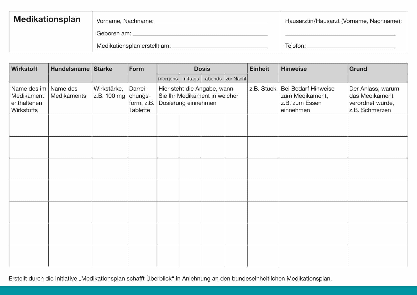 Ein Blankoformular für einen deutschen Medikationsplan mit Spalten für Angaben zum Medikament, zur Dosierung, zu den Anweisungen und zu den Gründen für die Anwendung, einschließlich Abschnitten für Patienten- und Arztinformationen.