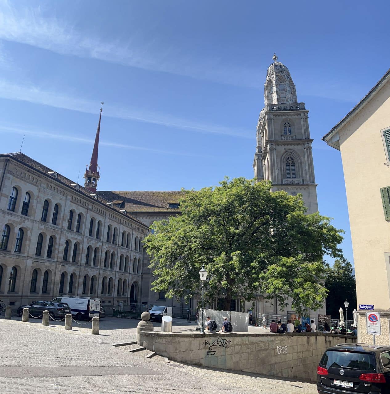 Ein kopfsteingepflasterter Platz mit Menschen, die unter einem großen Baum sitzen, umrahmt von historischen Gebäuden und dem Großmünster mit hohen Kirchtürmen unter einem klaren blauen Himmel.