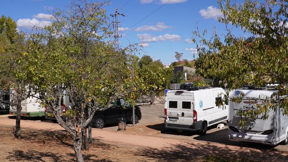 Mehrere Wohnmobile und Fahrzeuge stehen auf einem unbefestigten, von Bäumen gesäumten Platz unter einem klaren Himmel mit vereinzelten Wolken.